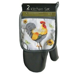 French Country Rooster Potholder Oven Mitt Neoprene Quilted Country Set of 2